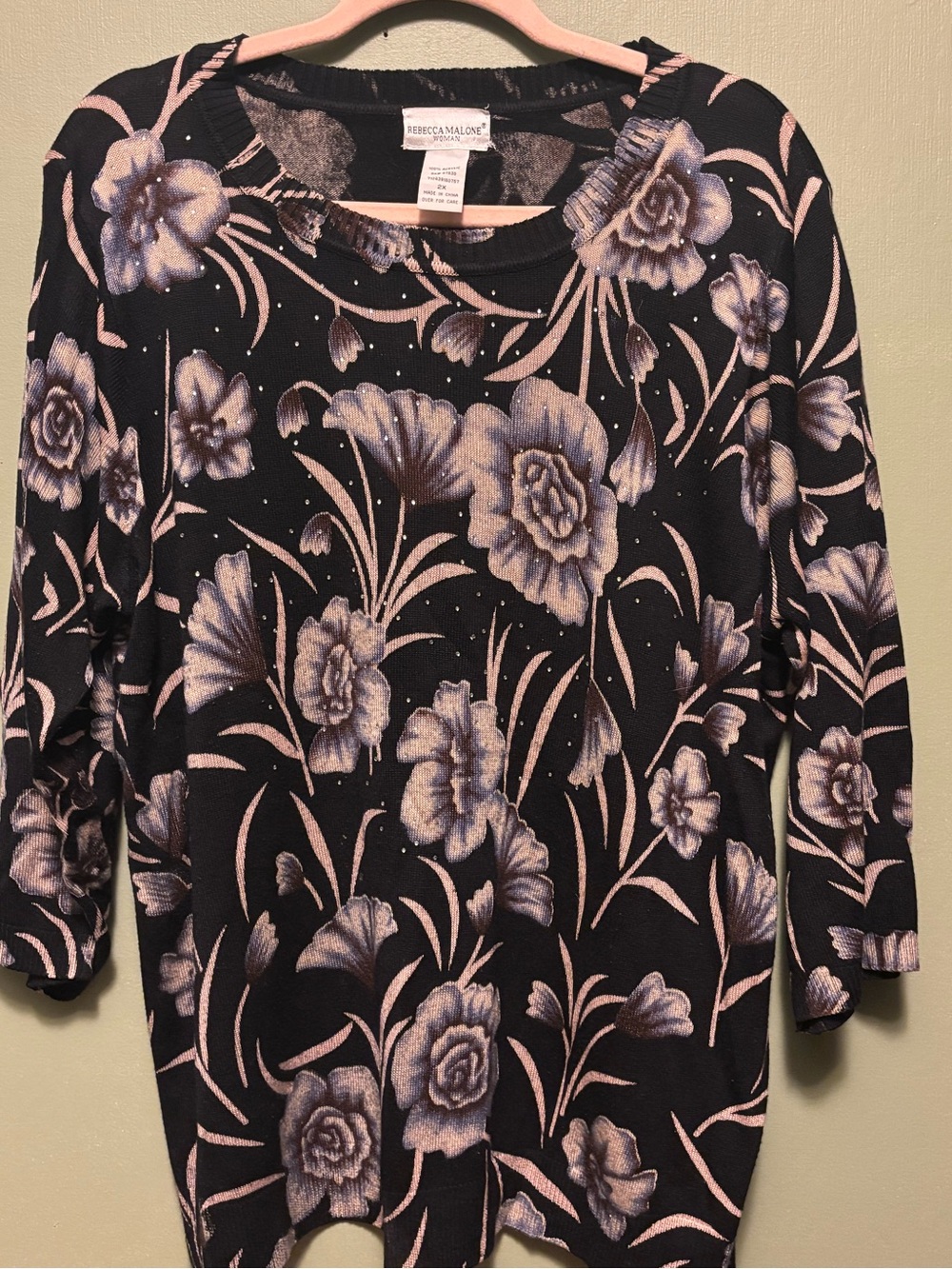 Rebecca Malone Black Floral Knit Sweater with Pink and Lavender Blooms